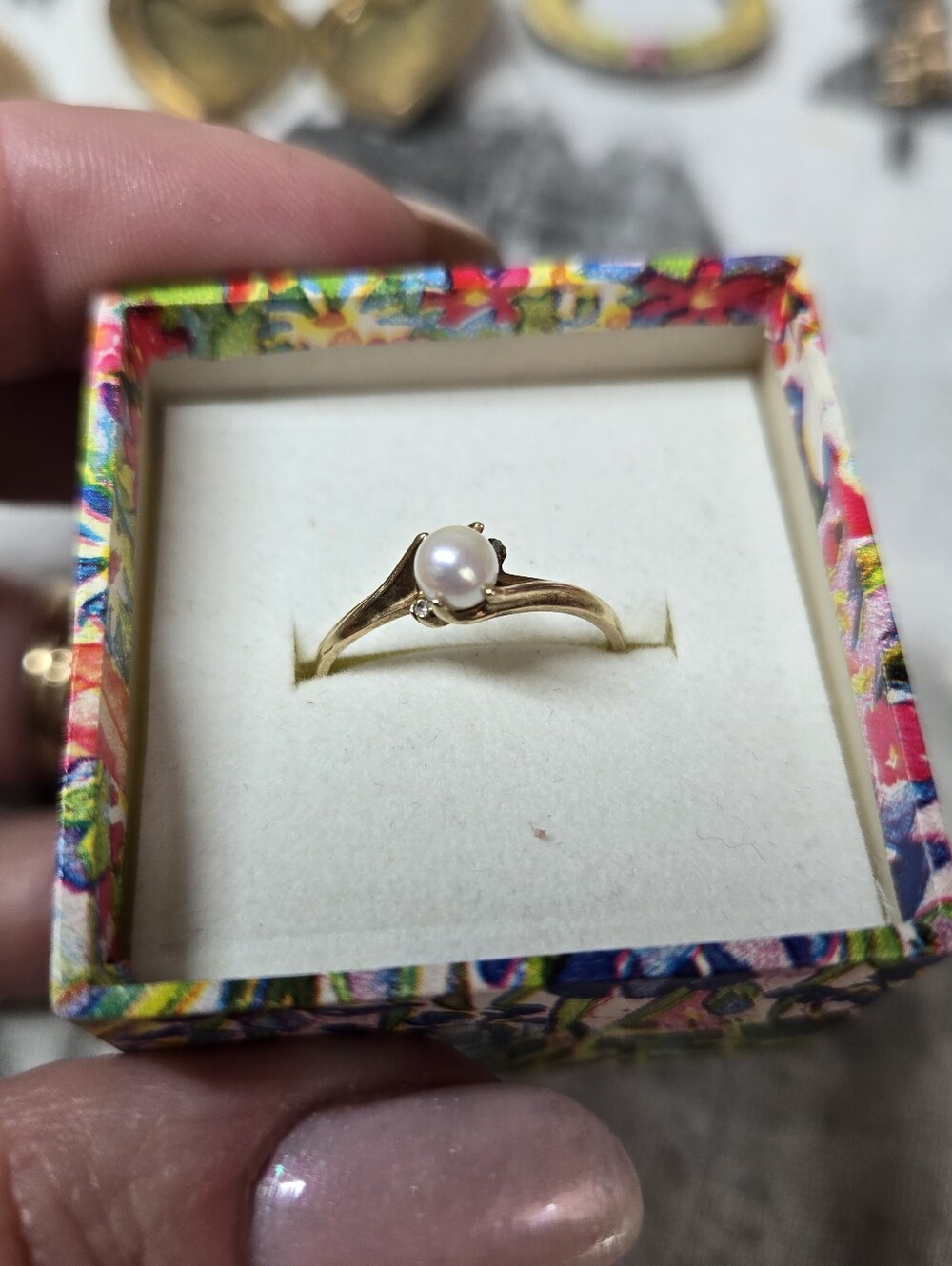 Delicate 10k Gold Pearl Ring - Diamond Accent